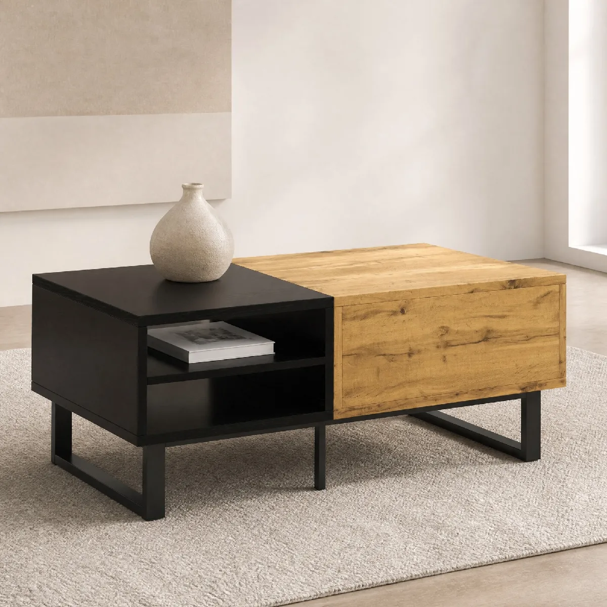 Table Basse avec Tiroir et Compartiment Ouvert, Rectangulaire avec Pieds Métalliques - Bois et Métal - Naturel/Noir - 100x50x40 cm