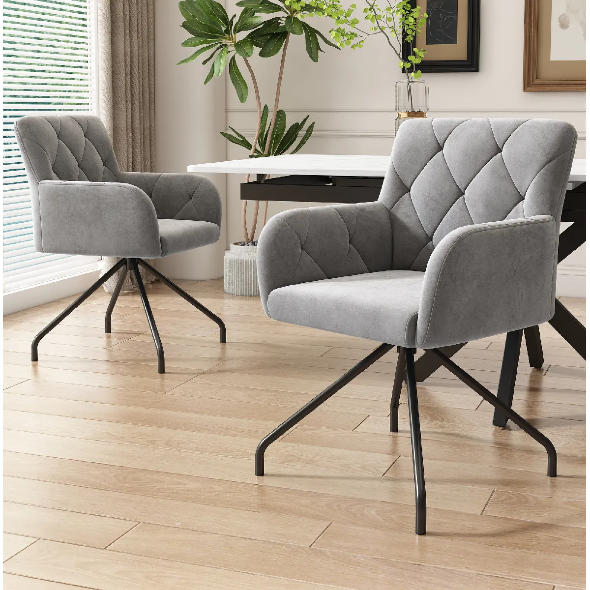 Chaise de Salle à Manger en Velours, Lot de 2 Chaises Modernes avec Soutien Lombaire et Pieds Métal, Gris Clair