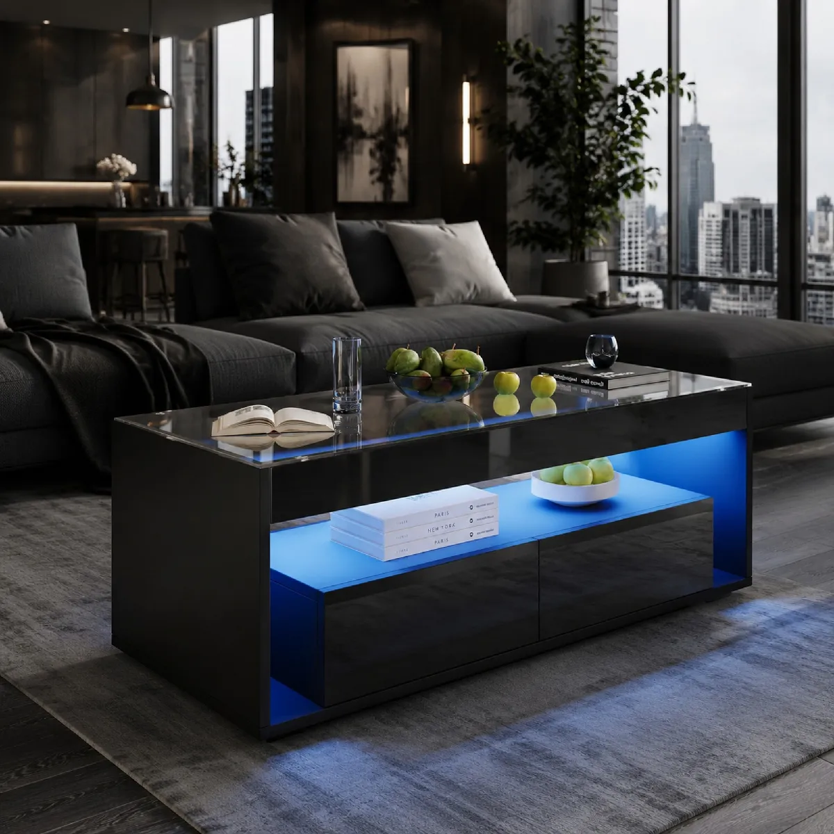 Table Basse - Tables de Salon avec LED et 2 Tiroirs, Double Niveau en MDF et Verre Trempé, Noir, 100x50x40 cm