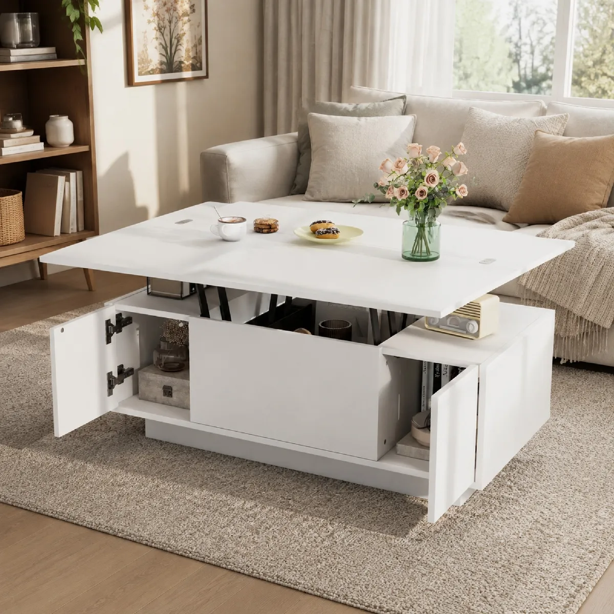 Table Basse avec Rangement Caché et Plateau Réglable en Hauteur - Double Système de Levage - Bois MDF - Blanc - 100x50x55,5 cm