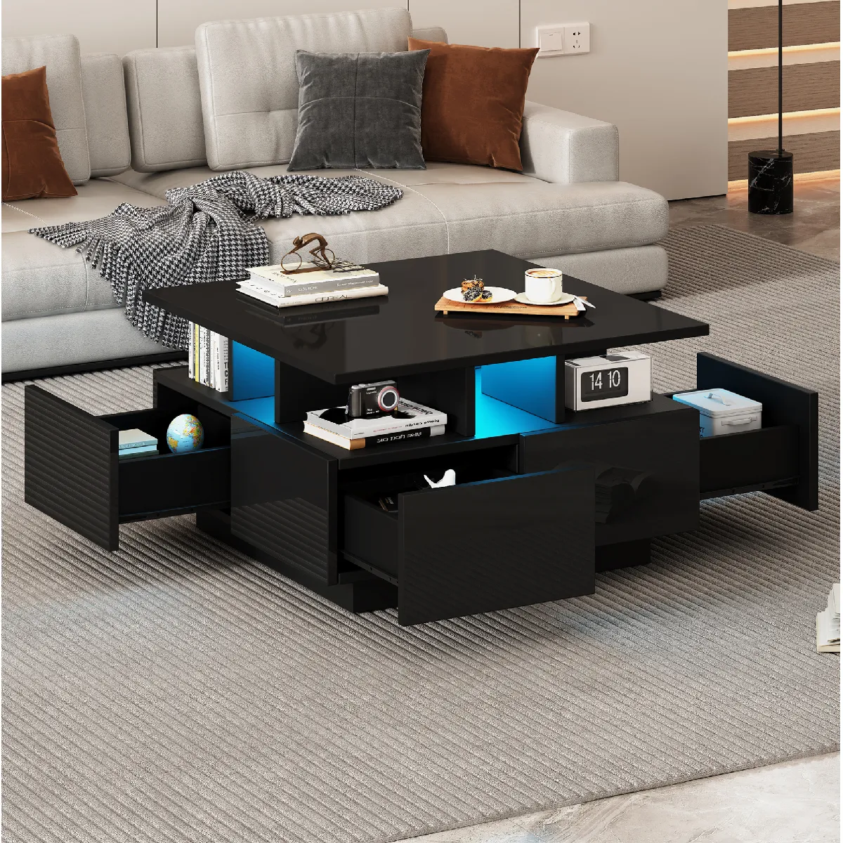 Table Basse Noir avec 4 Tiroirs et LED via Appli, design à 3 Niveaux, Panneau de Particules, 70 x 70 x 40 cm - Noir