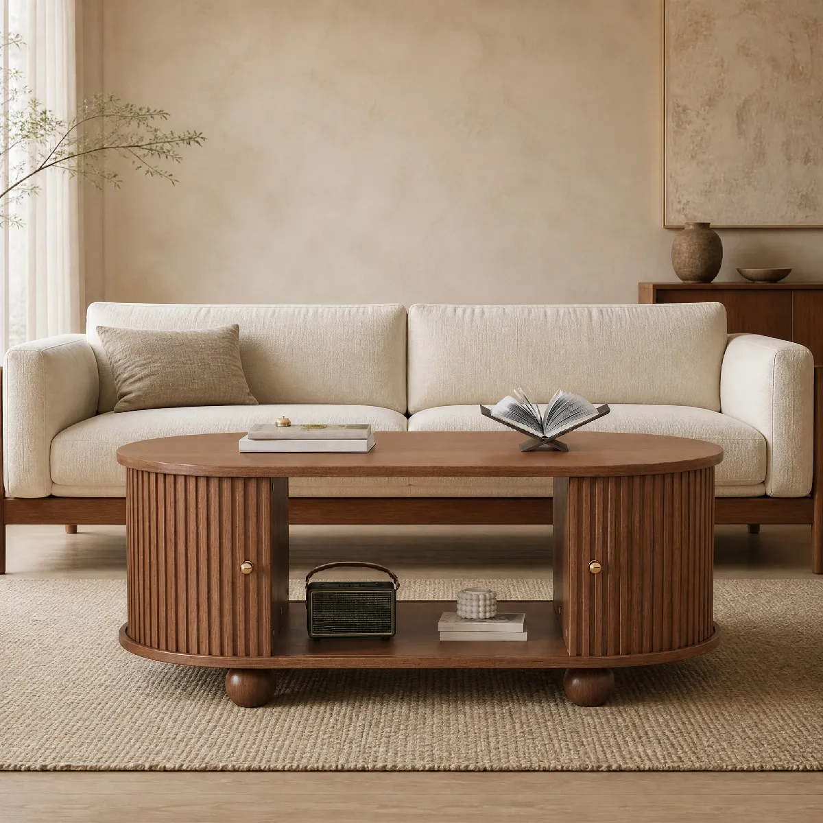 Table Basse - avec Porte Coulissante à Rotation Complète et Rangement Divisé, MDF Solide, design Noyer, 100x50x40 cm - Brun
