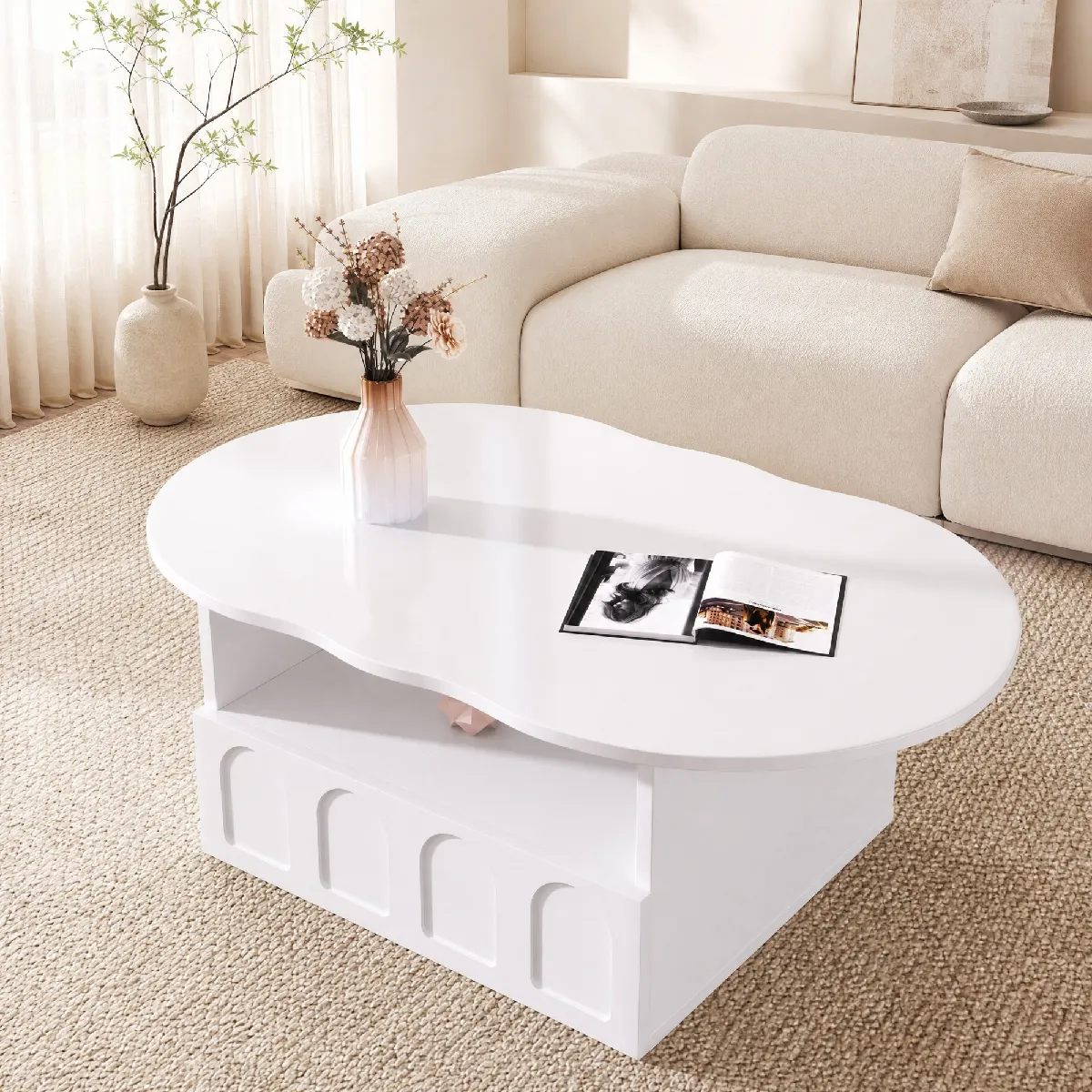 Table Basse Nuage,Tiroir et Compartiments de Rangement, Fonctionnelle et Pratique, Panneau de Particules, Blanc, 100x60x39,2 cm