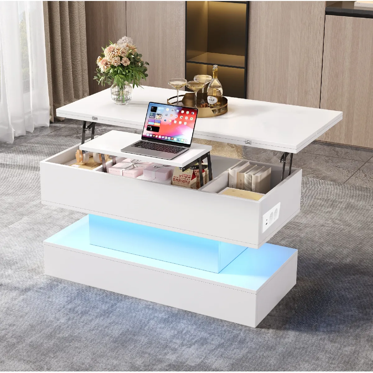 Table Basse Relevable - Table de Salon Moderne avec Rangement Intégré et Éclairage LED, USB-C et USB, Blanc, 100x50x51,5 cm