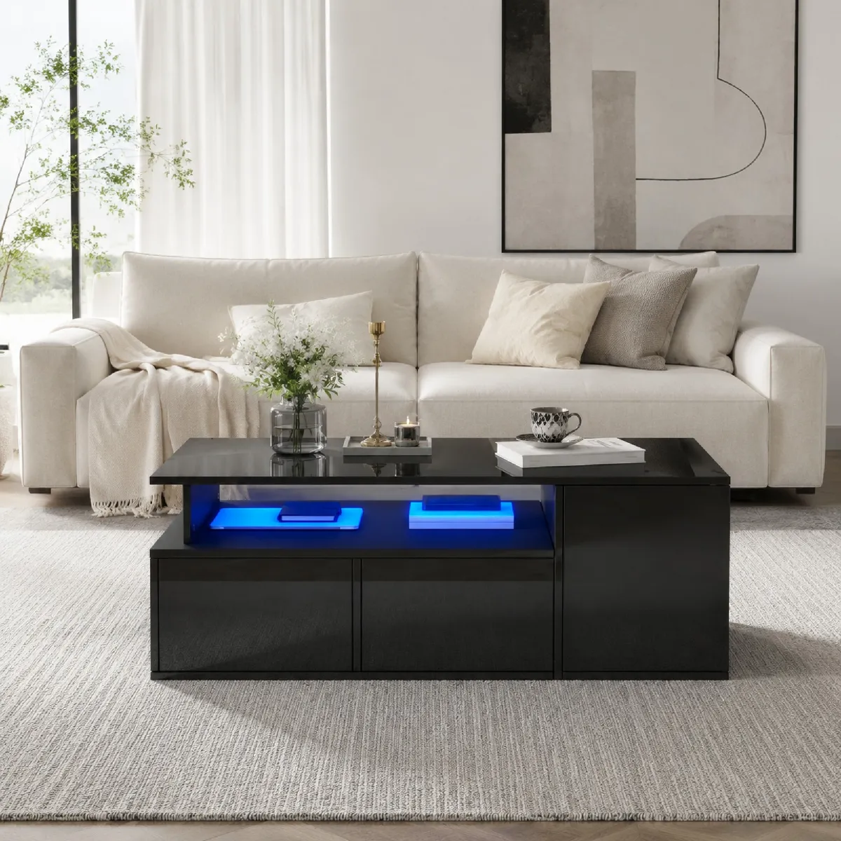 Table Basse Noir avec 2 Tiroirs et LED via Appli, Éclairage Plateau + Avant/Arrière, Panneau de Particules, 100x50x35 cm - Noir