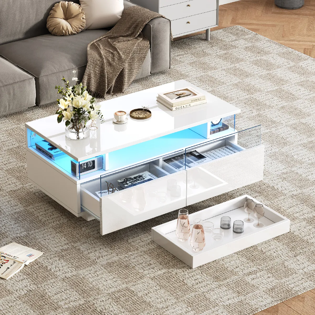 Table Basse de Salon avec 2 Tiroirs et LED Intégrée, design Moderne en MDF, Verre Trempé et Acrylique, Blanc, 90x45x35,5 cm