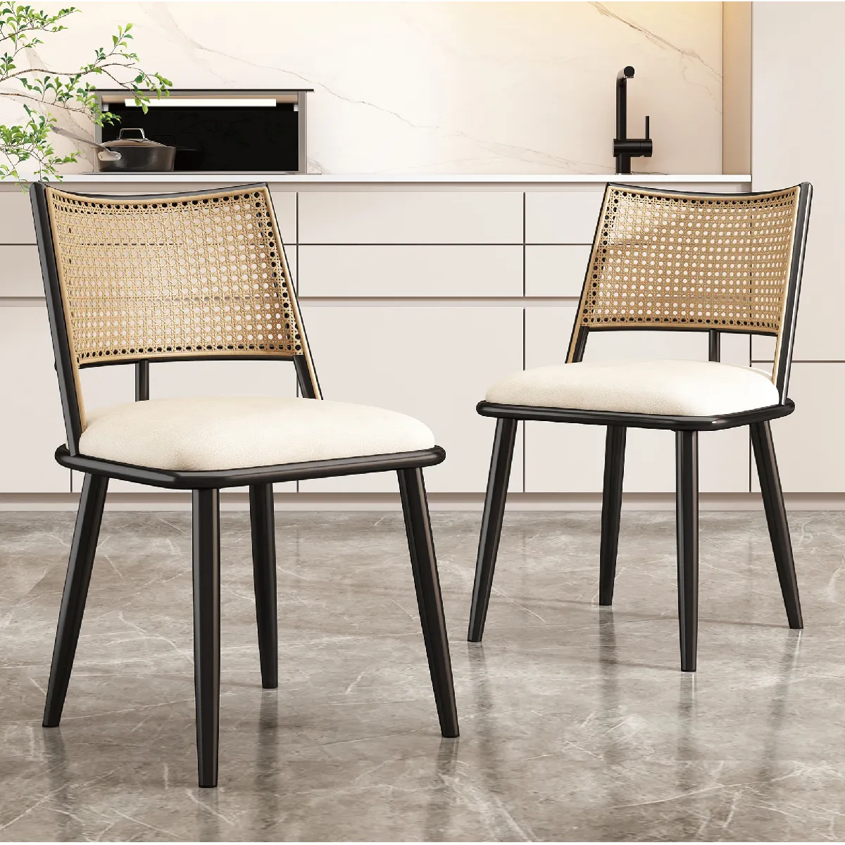 Chaise de Salle à Manger - Lot de 2 en PU avec Dossier en Rotin et Pieds en Bois - Noir