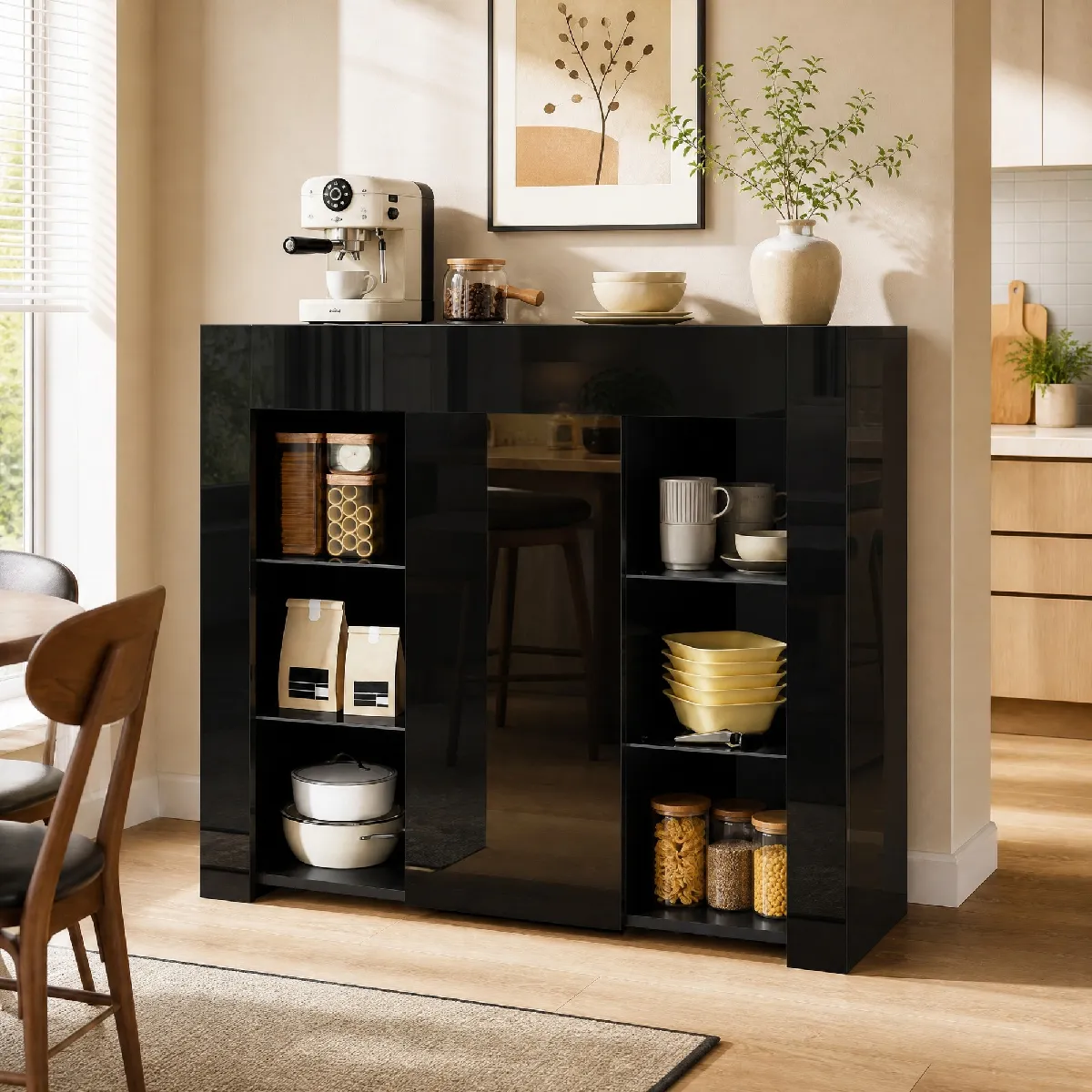 Buffet Noir Laqué avec Portes et Étagères en Verre, Bahut Compact Design pour Salon, Meuble de Rangement Moderne, 95x35x83 cm