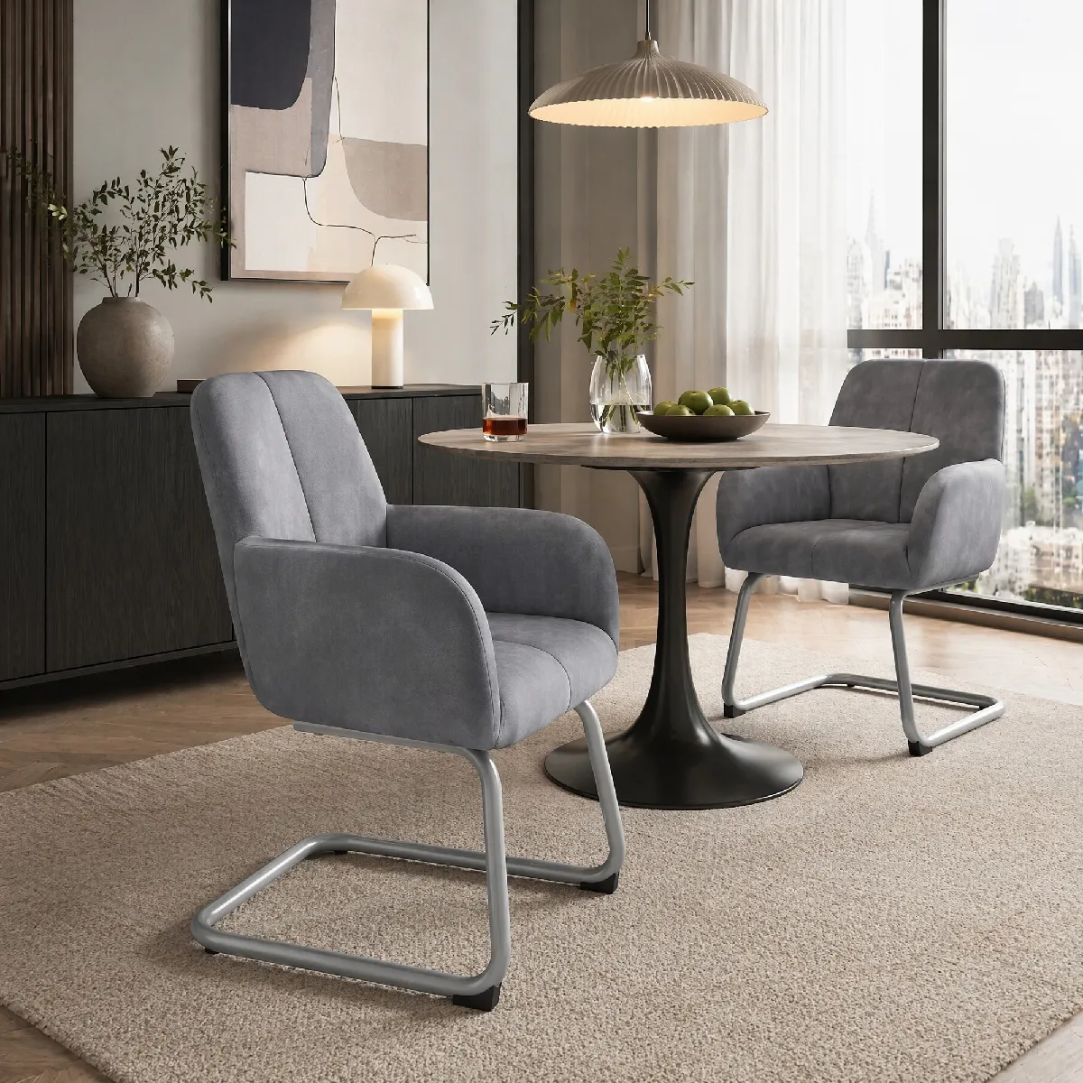 Lot De 2 Chaises Avec Pieds Courbés En Acier, Grises, Pour Salon, Cuisine Et Salle À Manger