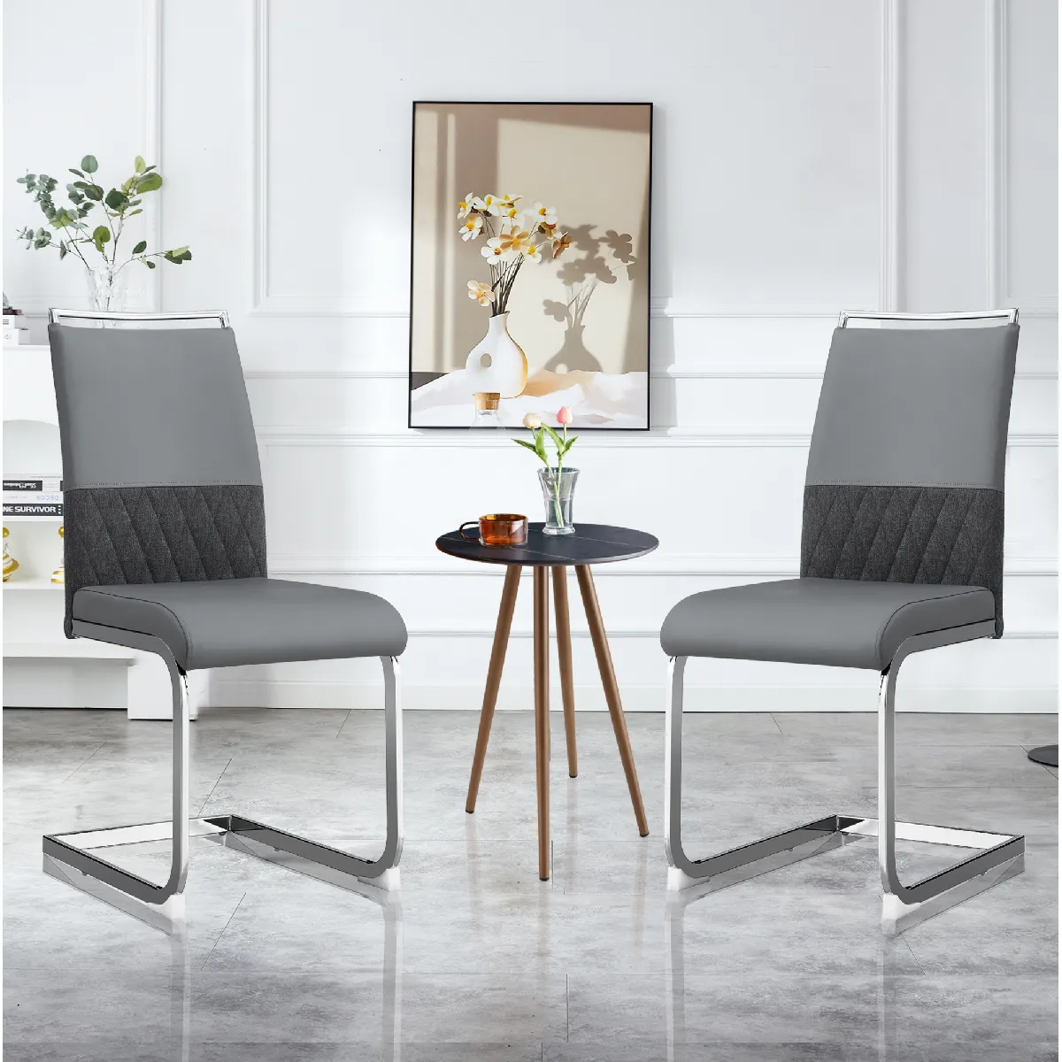 Chaise de Salle à Manger - Lot de 2 Chaises Modernes avec Dossier à Lignes, Assise Confortable en PU et Lin, Gris, 48 x 42 x 95 cm
