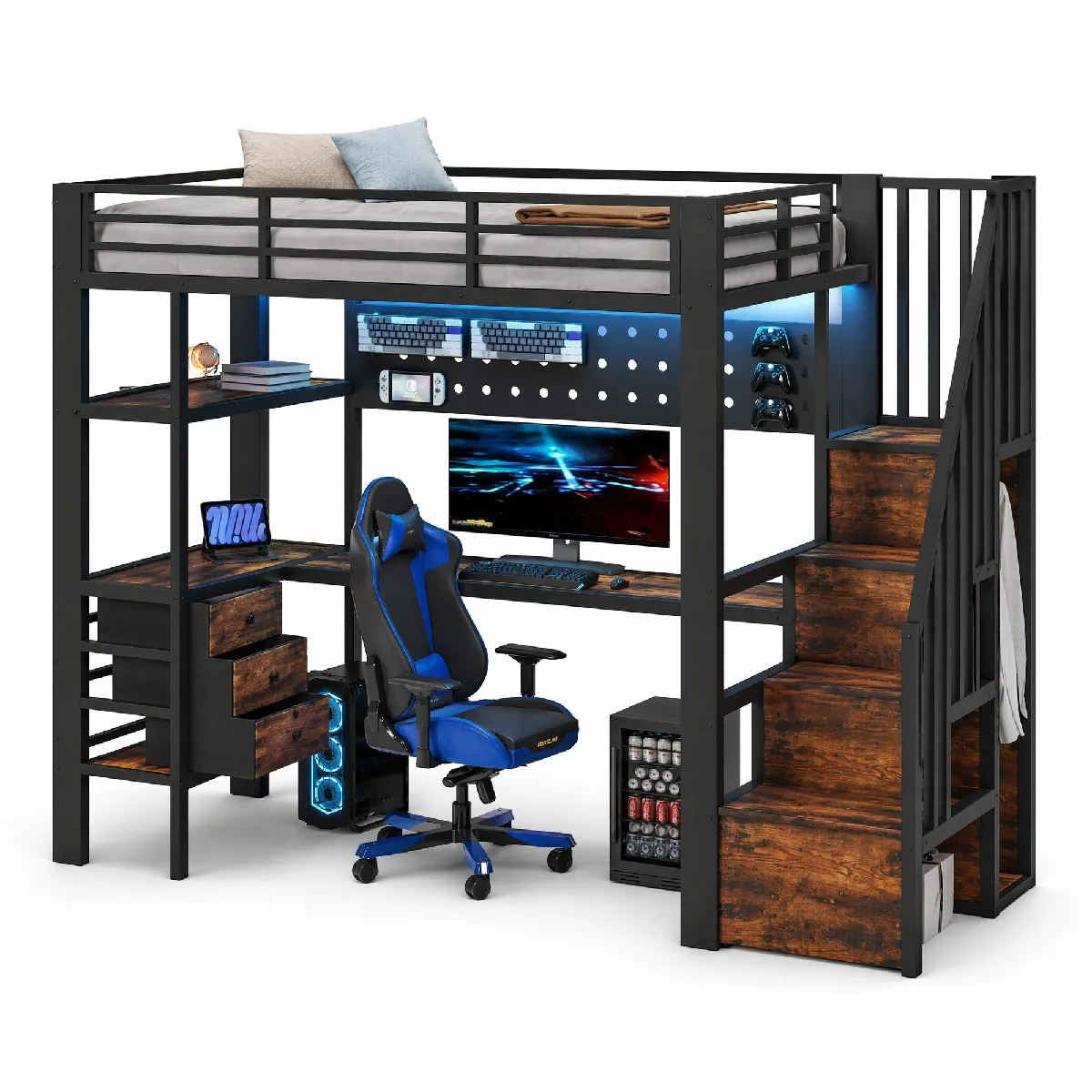 Lit Mezzanine 90x200 Cm Avec 3 Tiroirs Et Bureau, Étagère Et Led, En Métal Noir, Sans Matelas