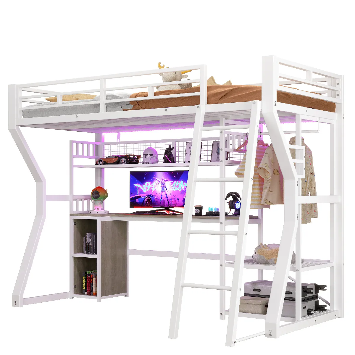 Lit Mezzanine 90x200 Cm Avec Bureau Et Penderie, Avec Led Et Prise, En Métal, Blanc, Sans Matelas