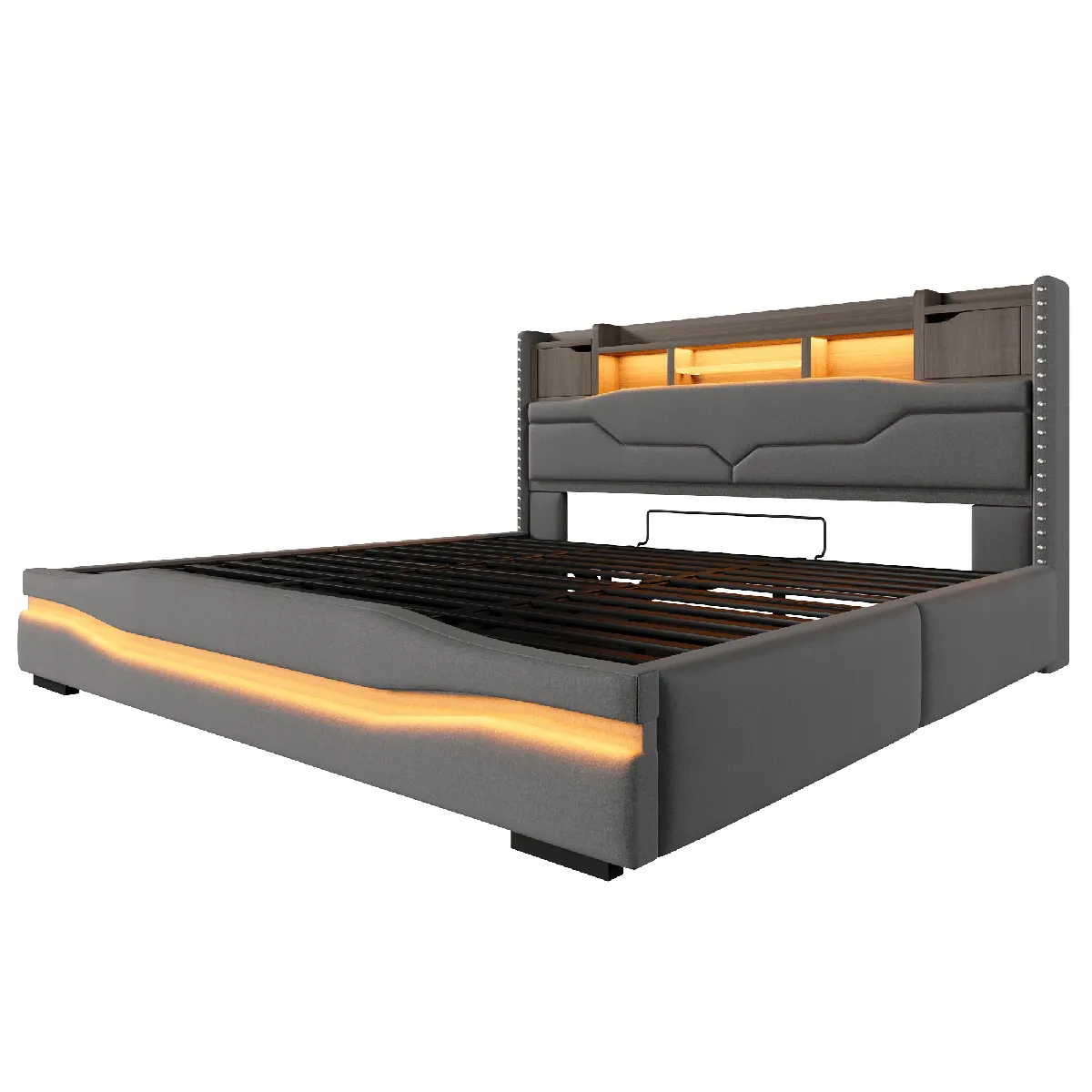 Lit Coffre 180x200 Cm Avec Led Et Ports Usb Et Type-c En Lin Gris, Sans Matelas