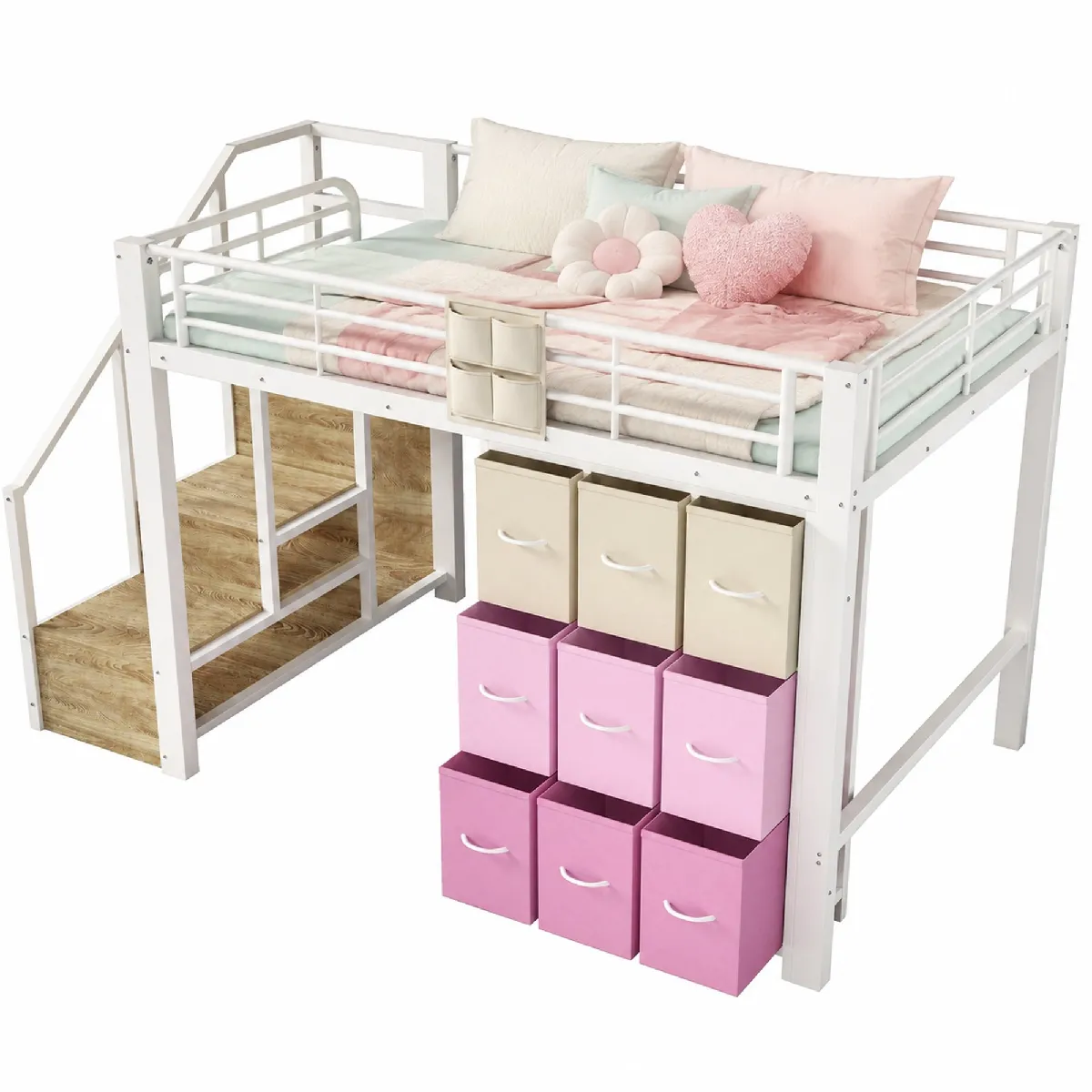 Lit Mezzanine 140x200 Cm Avec Tiroirs, Penderie Et Escalier Avec Rangement En Métal Blanc, Sans Matelas