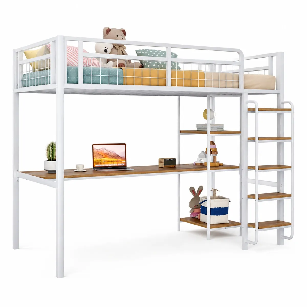 Lit mezzanine 90x200 cm enfant métal, bureau et étagères intégrés, échelle de sécurité, garde-corps métal, blanc - Sans matelas