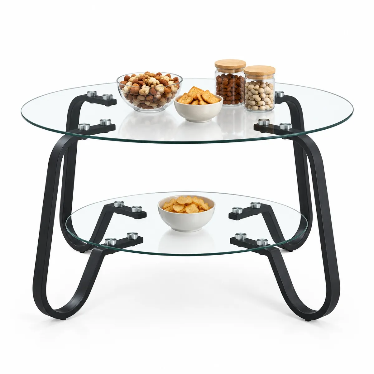Table basse ronde avec deux plateaux en verre et structure métallique style industriel noir