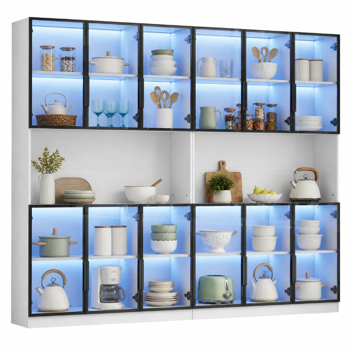 Vitrine 240x34x200 Cm Avec 12 Portes, Espace De Rangement Ouvert, Éclairage Led Et Portes En Verre - Blanc