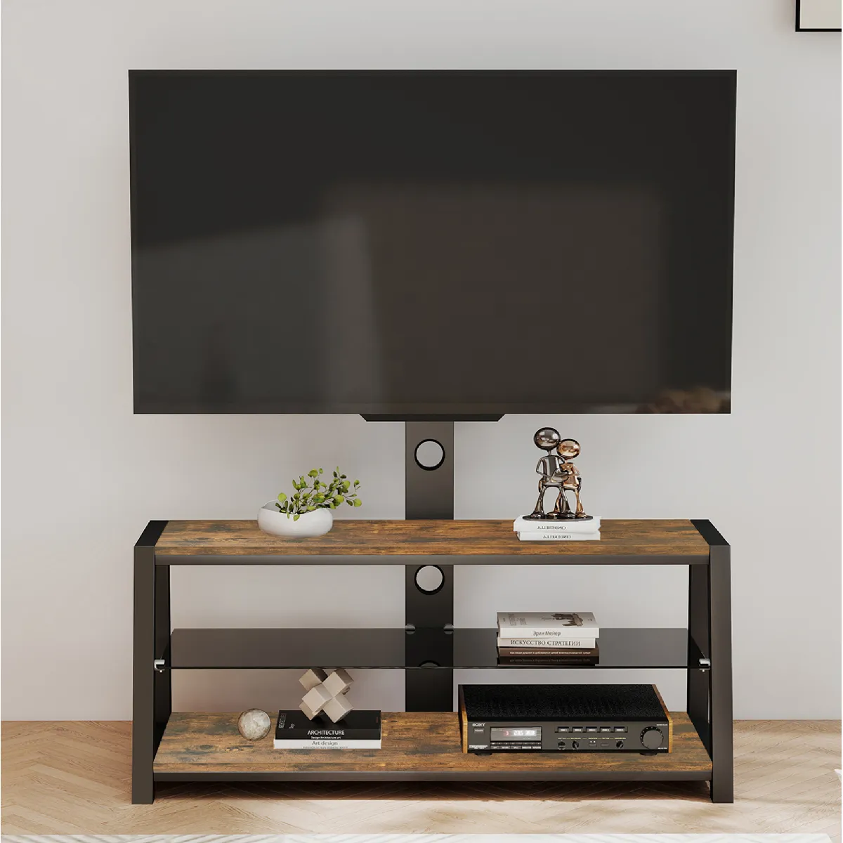 Meuble Tv Bois Réglable Avec Verre Trempé Noir, Étagère 3 Niveaux, Support Mural Multidirectionnel Pivotant, 116x42x125 Cm - Marron