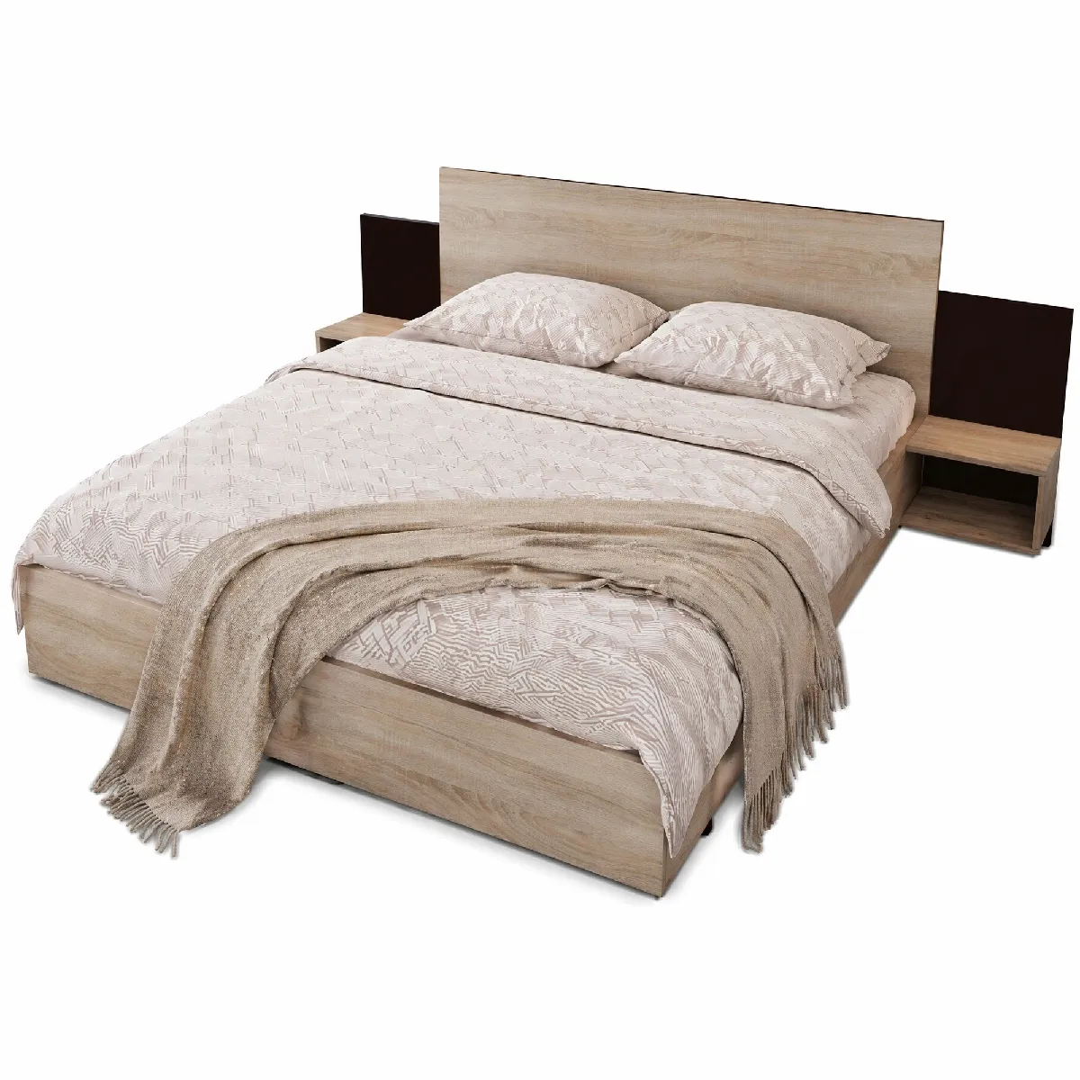 Lit Adulte - Lit 160x200 Cm Avec 2 Tables De Chevet Et Sommeir À Lattes - En Bois - Couleur Chêne Sonoma - Sans Matelas