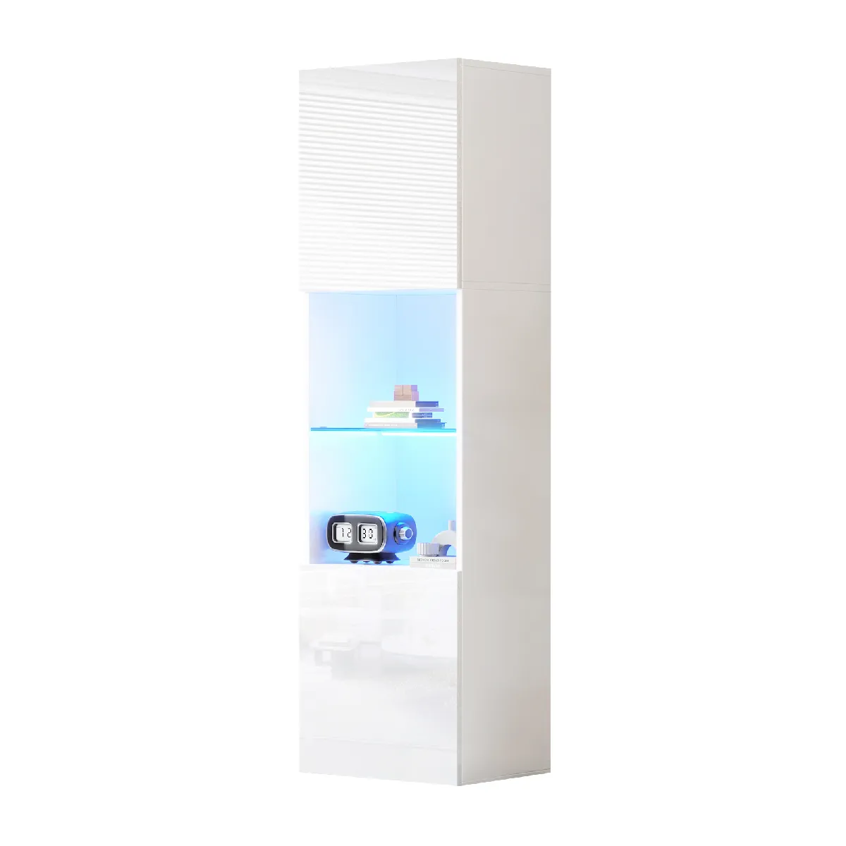 Vitrine, Armoire Vitrine Haute avec Éclairage LED et Télécommande, Portes Vitrées et 1 Étagère en Verre, 45x35x160 cm, Blanc