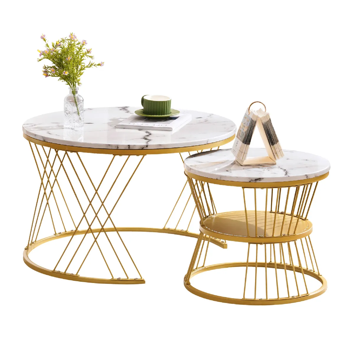 Table Basse Gigogne 70x70x47 Cm, Lot De 2, Motif Marbre Brillant, Pieds Métalliques, Mdf Plaqué Blanc