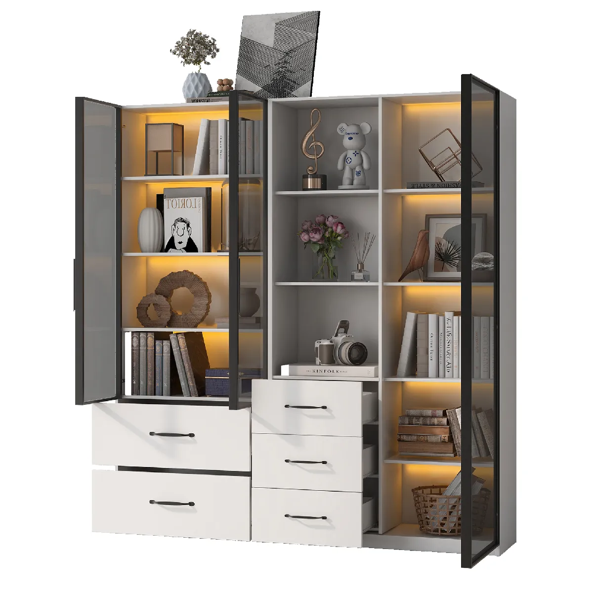 Vitrine Avec Led Modulaire 2 Pièces Avec Portes Vitrées Et Tiroirs, Blanc, 140x40x160 Cm