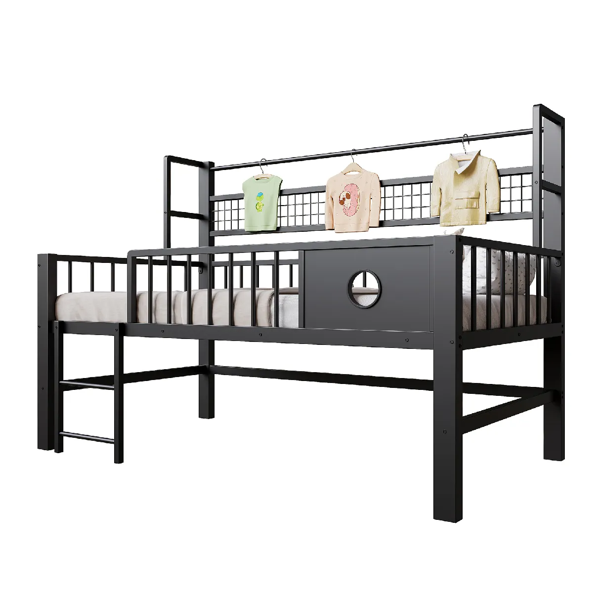 Lit Mezzanine 90x200 Cm, Avec Rangement Et Penderie, Étagère Filet, En Métal, Noir, Sans Matelas
