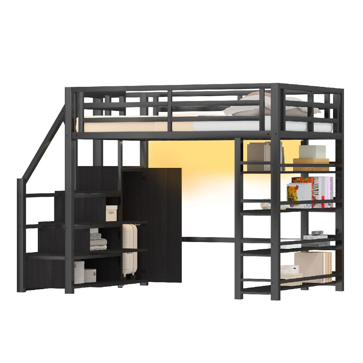 Lit Mezzanine 140x200 Cm, Avec Rangements Et Led, En Métal, Noir