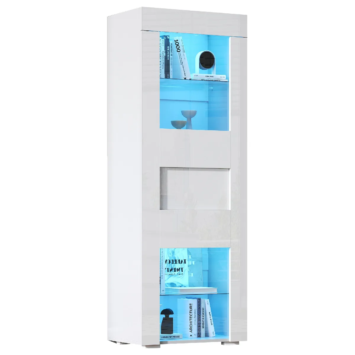 Vitrine Blanche 60x40x170 Cm Avec Led, 1 Porte Et Étagères En Verre Réglables, Pour Salon Et Bureau