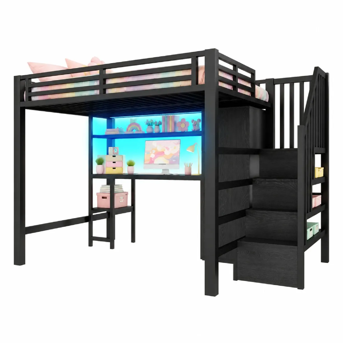 Lit Mezzanine 140x200 Cm Avec Bureau Et Armoire, Avec Led Et Étagère, En Métal, Noir