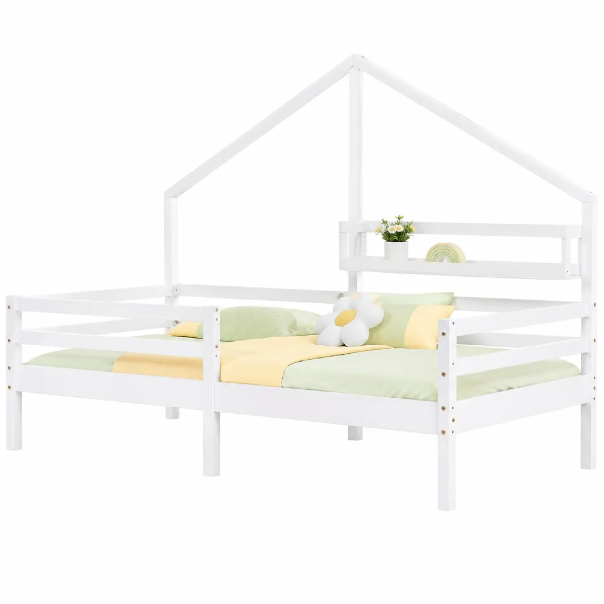 Lit enfant en forme de maison en pin blanc avec étagère 90 x 200 cm