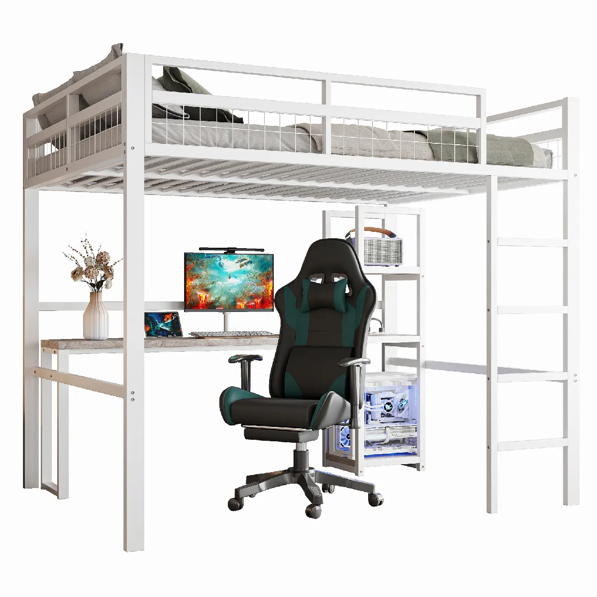 Lit mezzanine en métal blanc avec bureau et étagères 140 x 200 cm