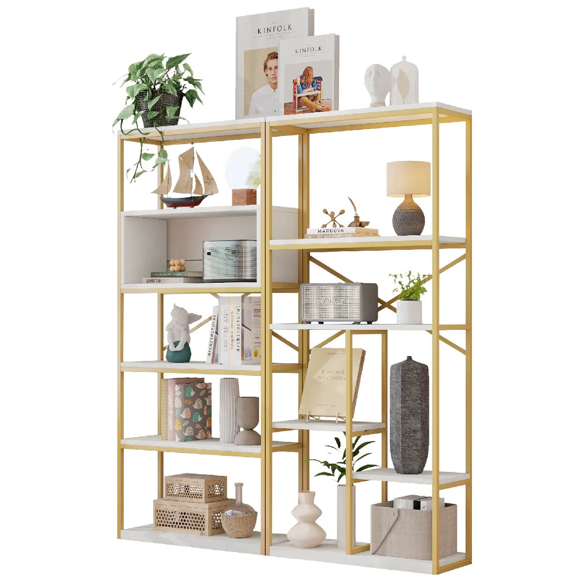 Étagère de Rangement Moderne - Meuble d'Entrée avec Étagères Multiples et Structure en Acier Blanc et Doré - 160x29,5x180 cm