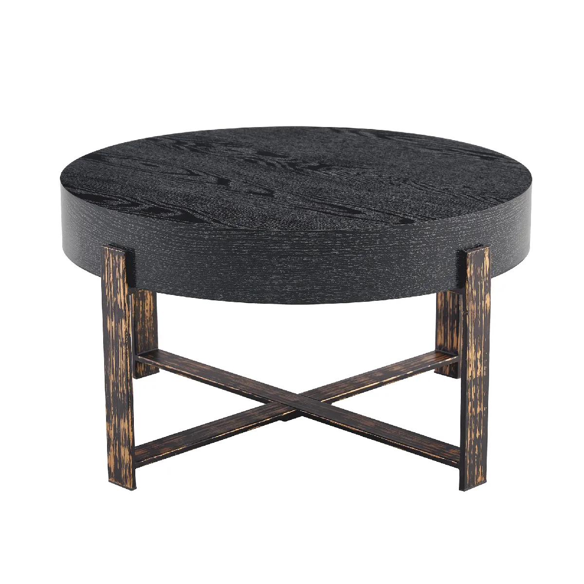 Table Basse Ronde 68cm avec Pied Croisé en Métal, Surface Noire - design Moderne pour Salon ou Chambre