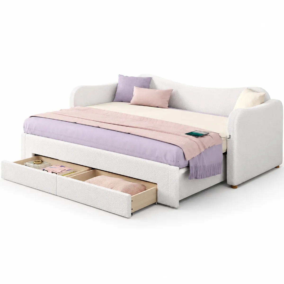 Lit Enfant 90x200 Cm - Avec 2 Tiroirs Et Ports Usb Et Type-c Et Sommier - En Tissu - Beige - Sans Matelas