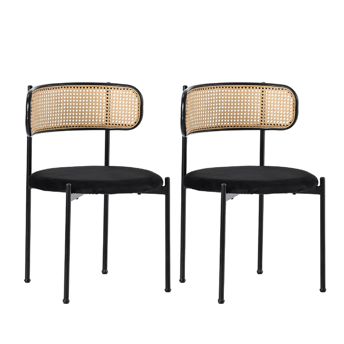 Lot de 2 chaises de salle à manger en velours noir avec dossier en rotin pieds en métal coussin rond