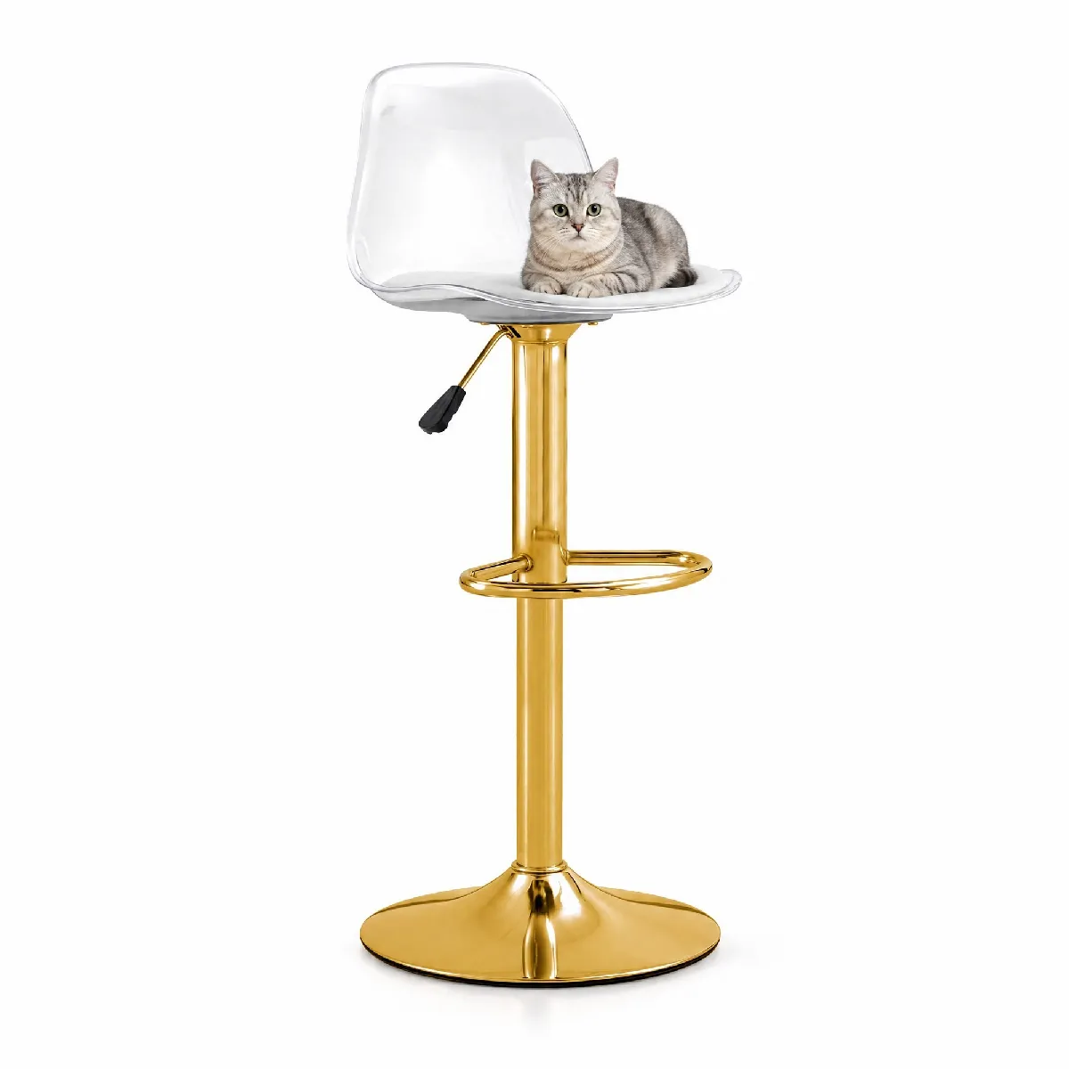 Tabouret de Bar 2 Pièces - Pivotants et Hauteur Ajustable 82-104 cm avec Dossier Transparent, Pied Métal Doré
