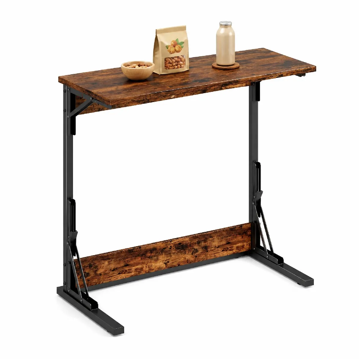 Lot De 2 Consoles Pliantes En Forme De C, Tables Basses, Avec Cadre Métallique Et Embouts Réglables, Pour Salon, Chambre, Bureau, Utilisables Comme Plateau De Repas, 60 X 37 X 71 Cm, Marron