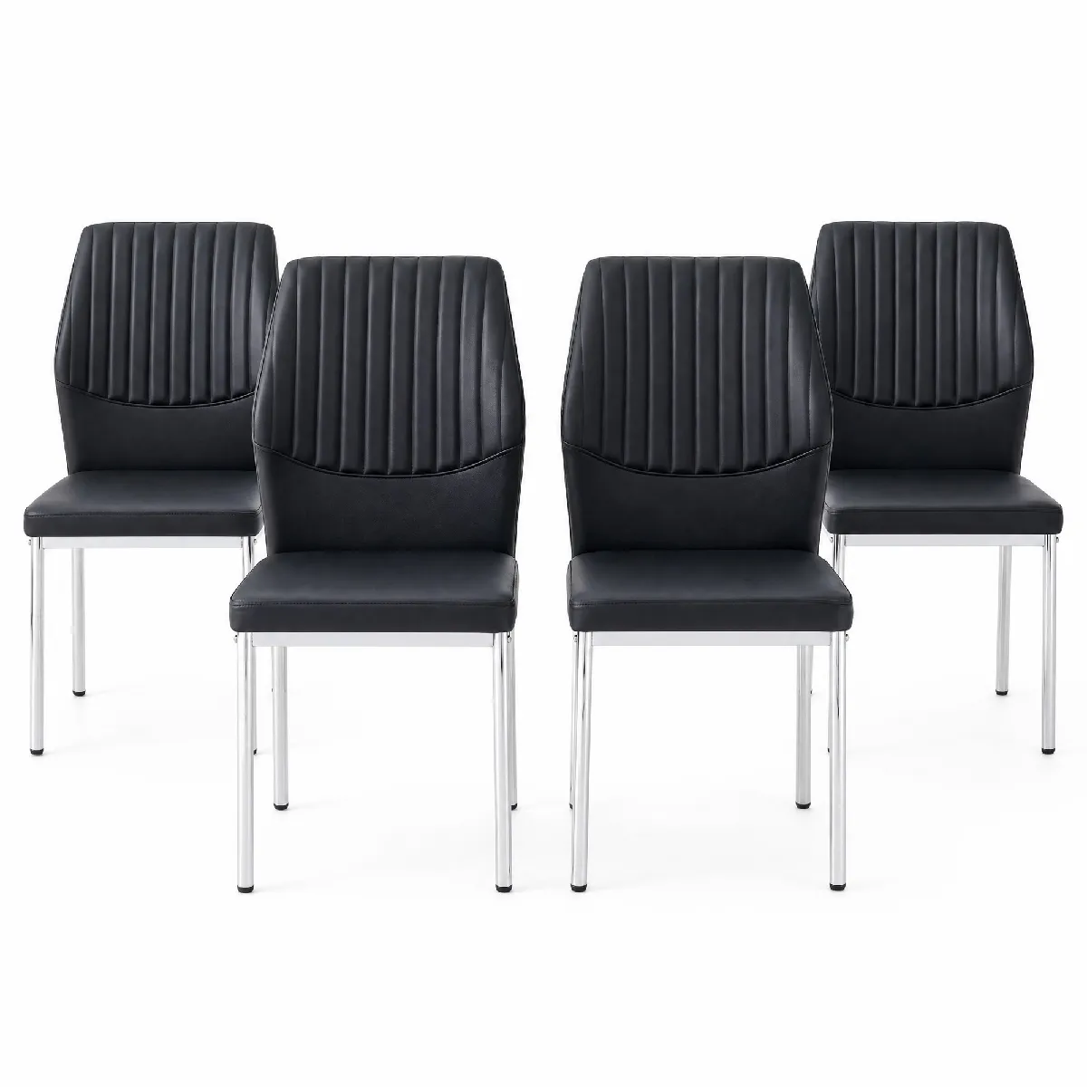 Lot De 4 Chaises De Salle À Manger Avec Pieds En Métal Argenté, Dossier En Similicuir Pu Noir À Rayures Verticales