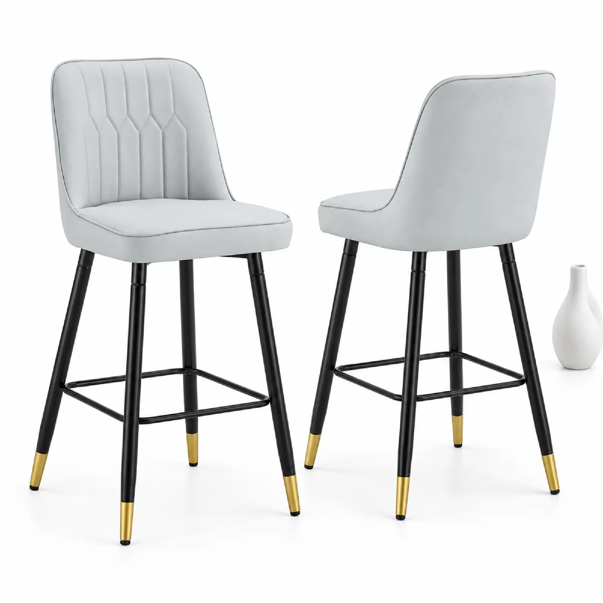 Set De 2 Tabourets De Bar Avec Repose-pieds, Cadre Métallique Noir, Revêtement En Pu Gris Clair, 42x45x100 Cm