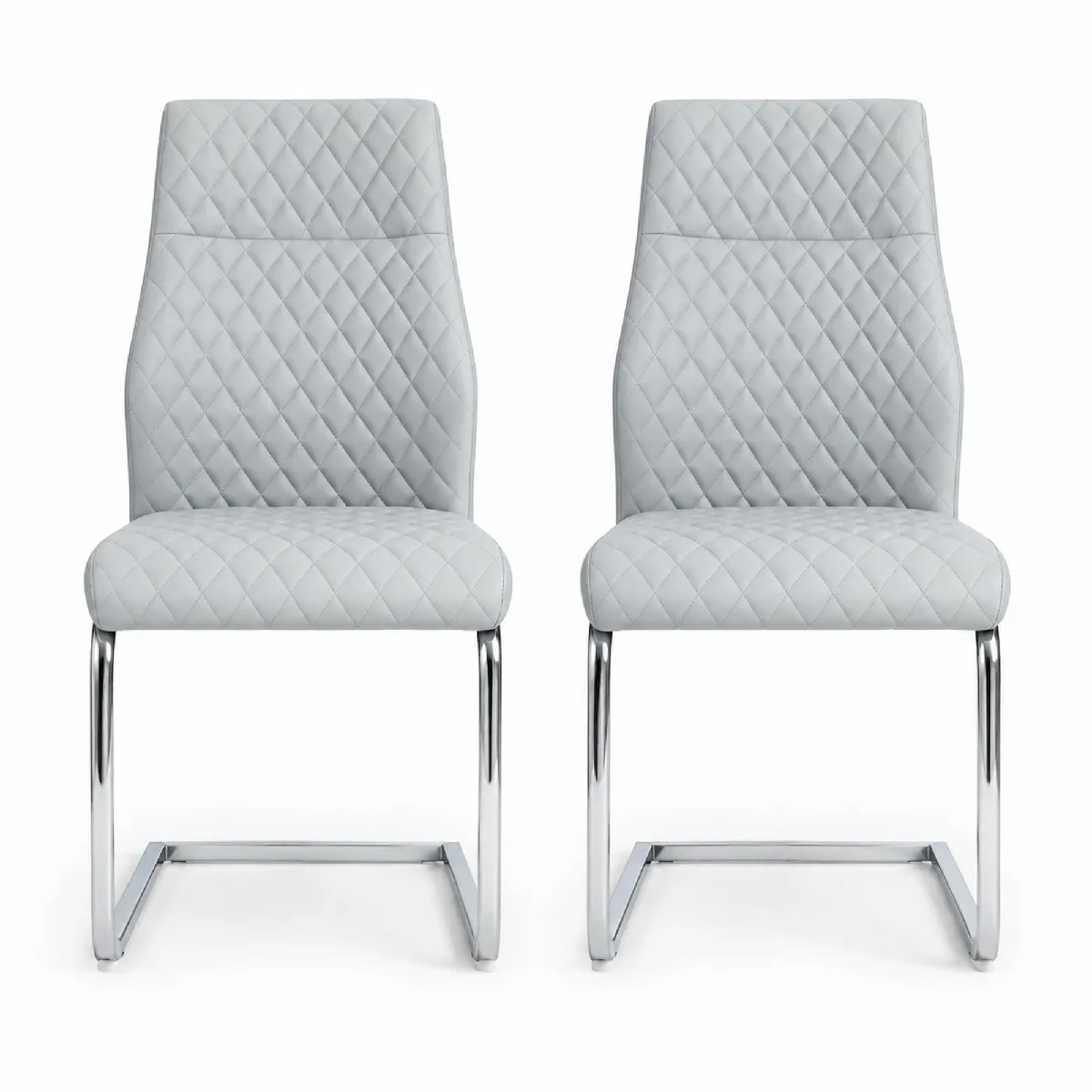 Chaise de salle à manger lot de 2 dossier haut rembourré similicuir PU gris clair structure en métal argenté motif losanges