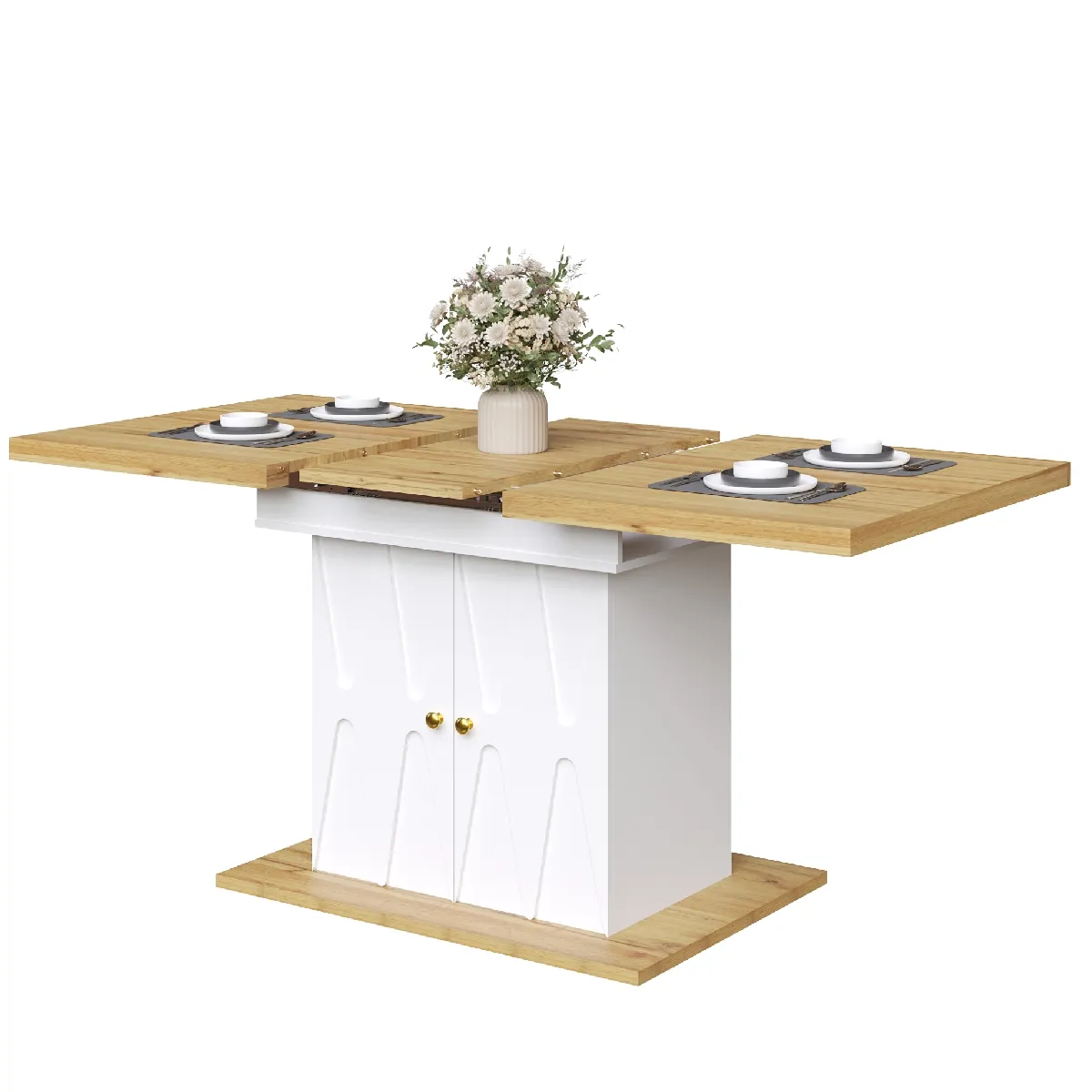 Table à manger blanche avec rangement 110/140 x 70 x 76,5 cm