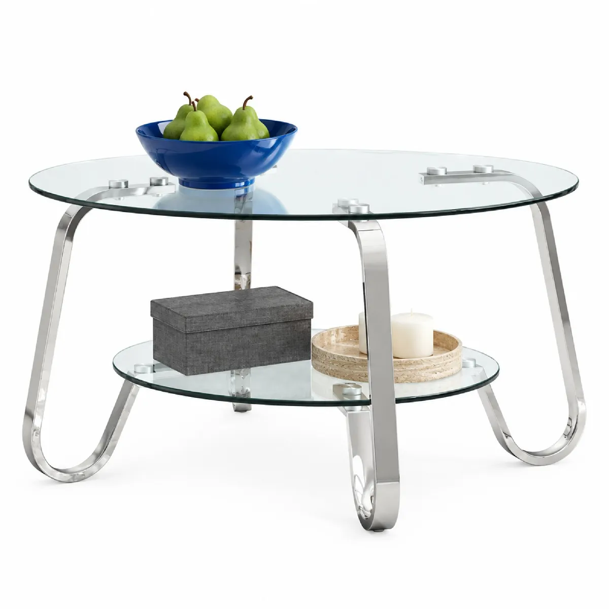 Table basse ronde à deux niveaux avec espace de rangement style moderne en métal et verre argentée