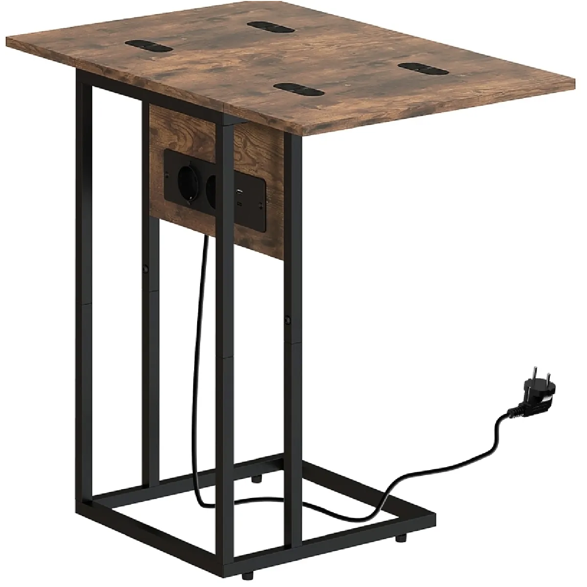 Table d'appoint Pliable avec Station de Charge 2 Prises, USB et USB-C, Plateau Extensible, Table Métal Brun Rustique, 39x29x57 cm