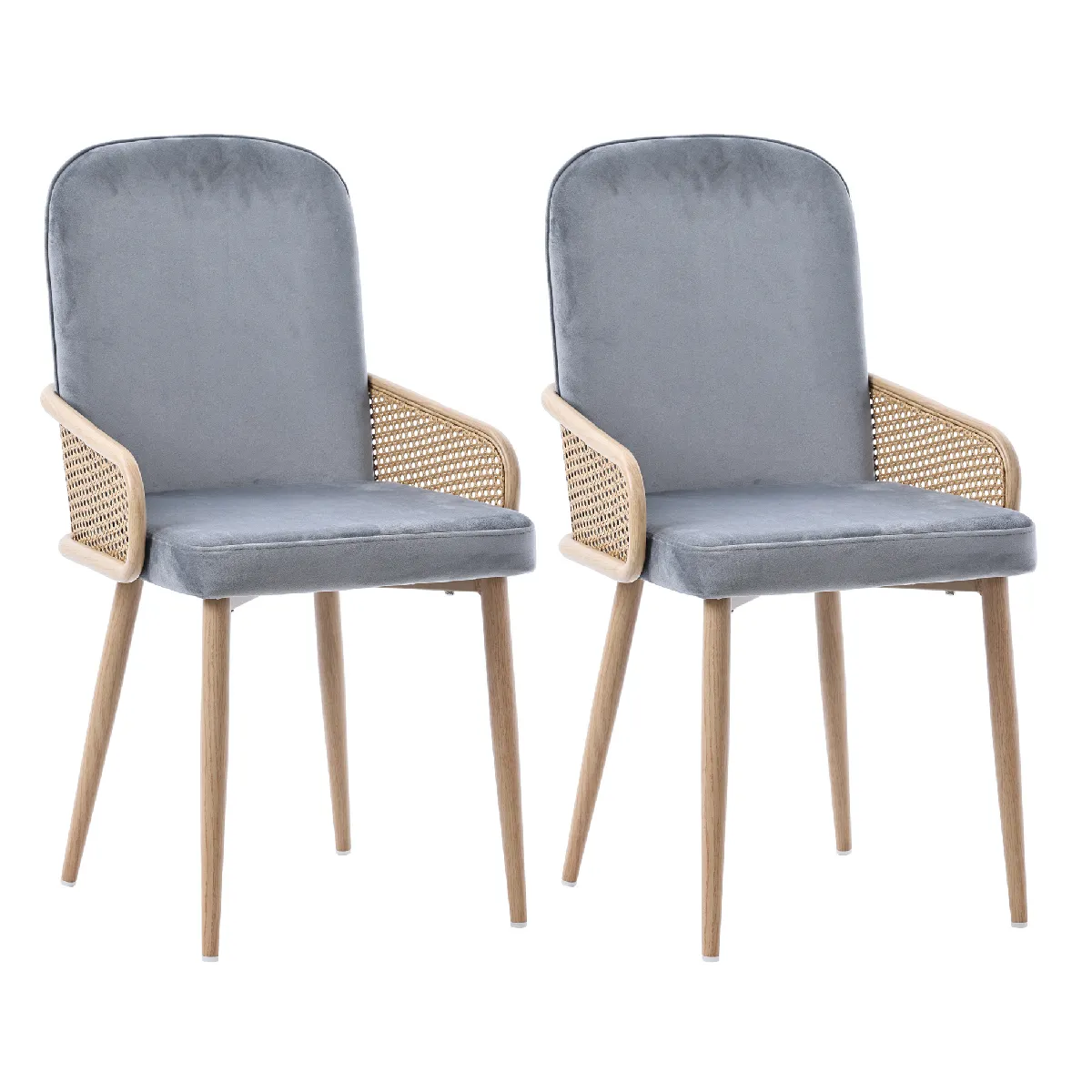 Chaise de salle à manger en velours gris design rotin lot de 2 avec pieds en métal effet bois