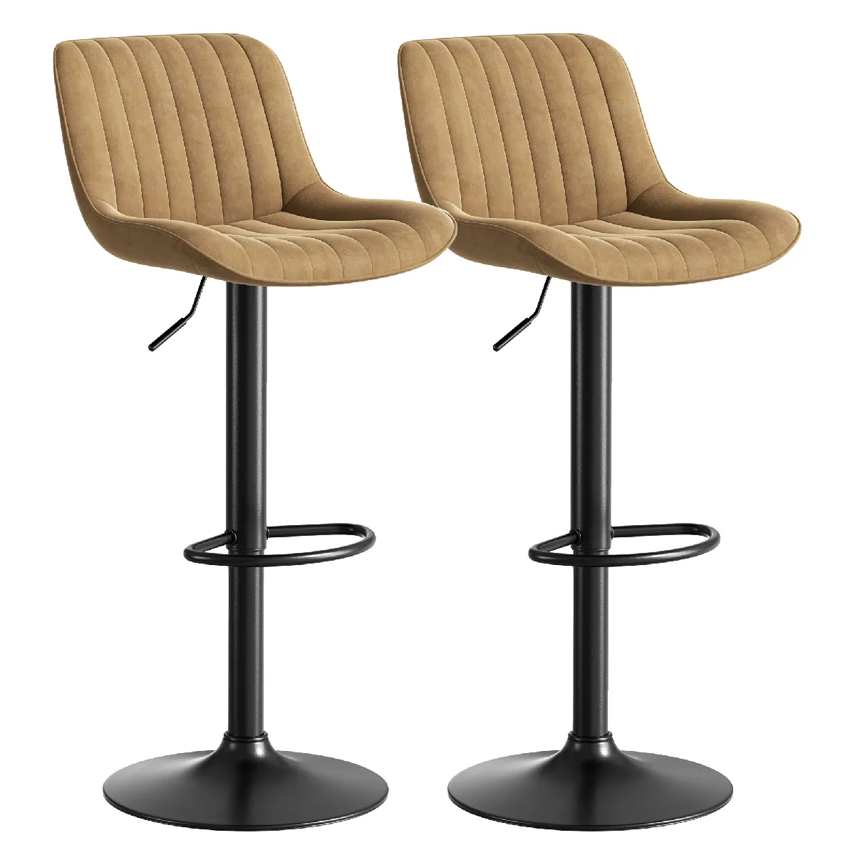 Tabourets de bar pivotants réglables en hauteur en velours marron lot de 2 fer métal et bois