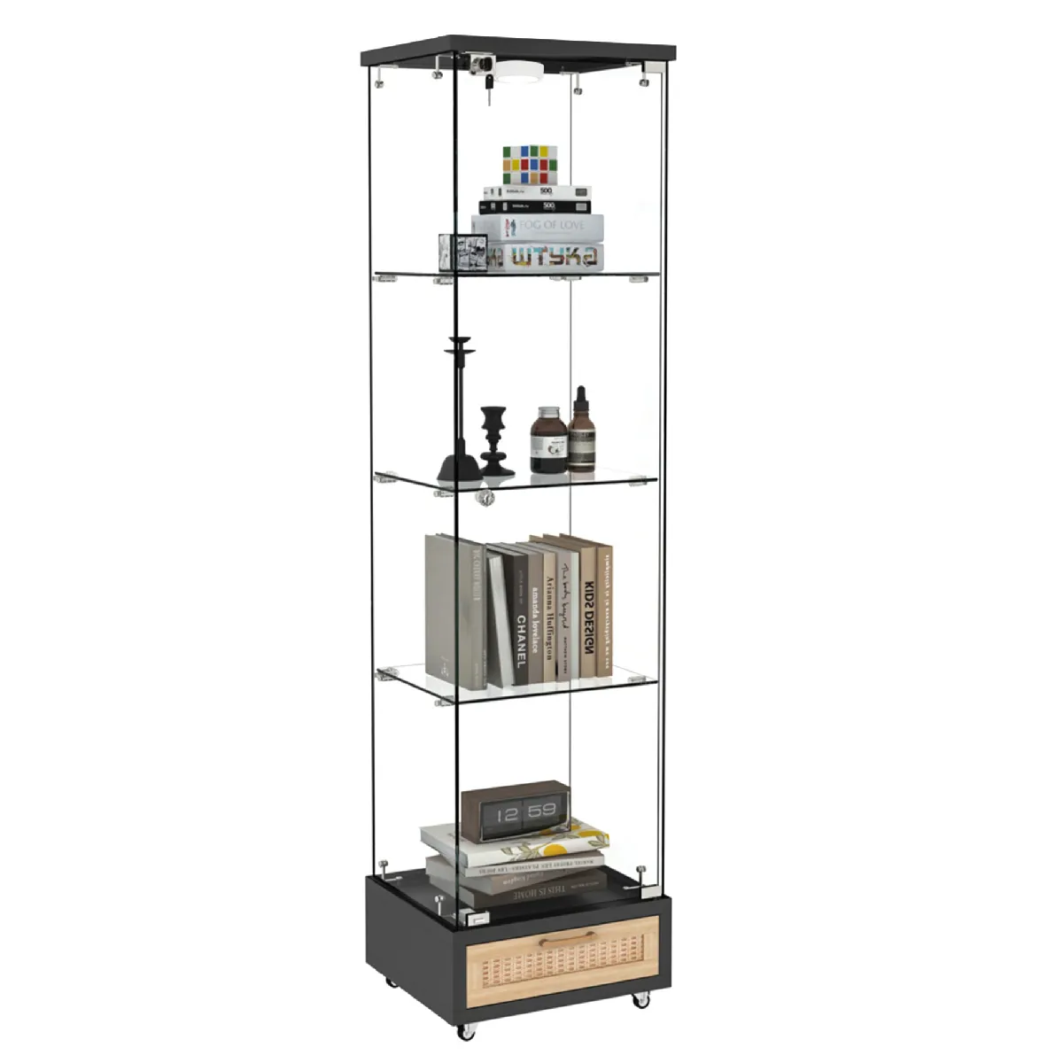 Vitrine, Étagère En Verre Trempé Avec Tiroirs, Éclairage Led, Une Porte, Quatre Étagères, Pour Salon Et Chambre, Noir - 42.5x36.5x167 Cm