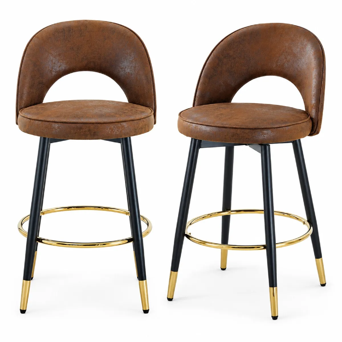 Lot De 2 Tabourets De Bar Pivotants À 360° En Tissu Brun Avec Pieds En Métal Noir