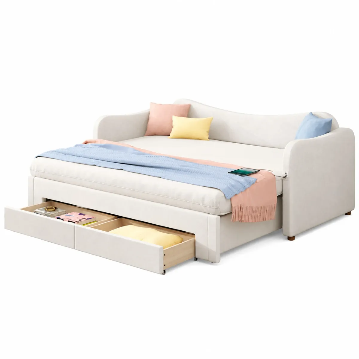Lit Enfant 90x200 Cm - Avec 2 Tiroirs, Extensible 180x200 Cm, Ports Usb Et Type-c, Sommier À Lattes - En Velours - Beige - Sans Matelas