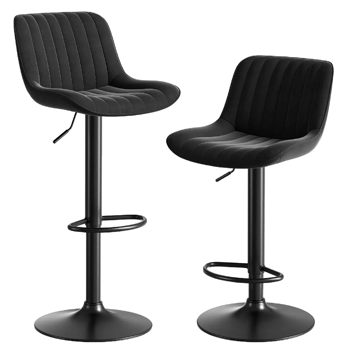Tabouret de bar pivotant réglable en hauteur en velours noir avec dossier incurvé structure en fer métal et bois